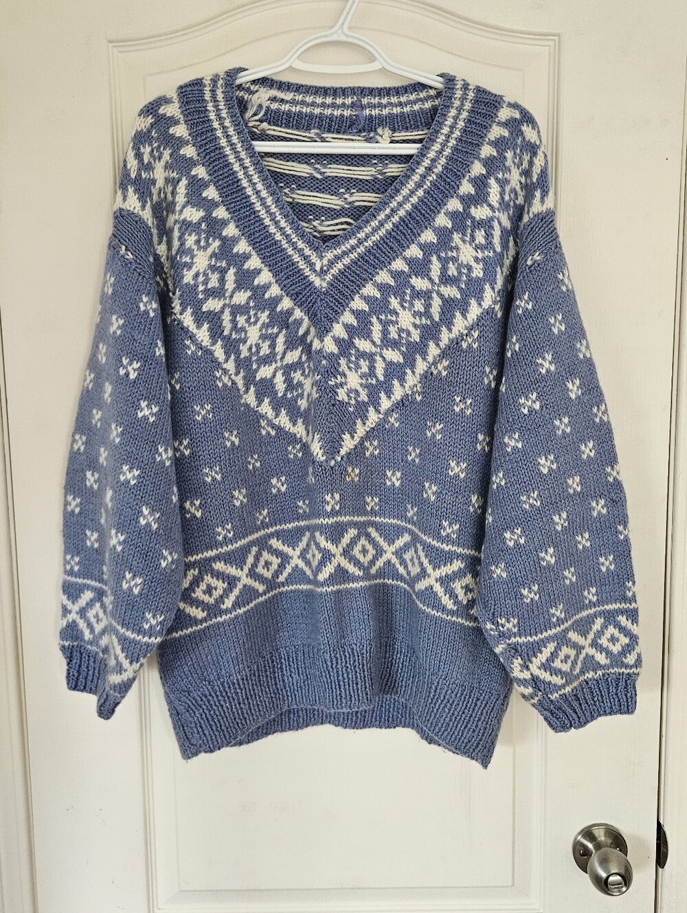 Handknit Blue Cream Nordic Fair Isle V Neck Knit Sweater Cozy Cottagecore